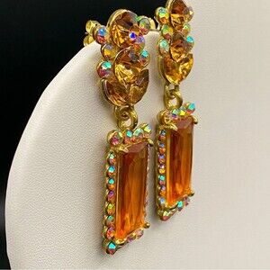 Vintage Topaz Glass AB Rhinestone Dangle Earrings | Gold Tone Amber Statement Ea